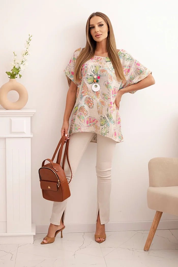 Women's cotton blouse with butterfly motif and short sleeves ART10739 - 2 / – Beige цвет / color | Lexline Fashion