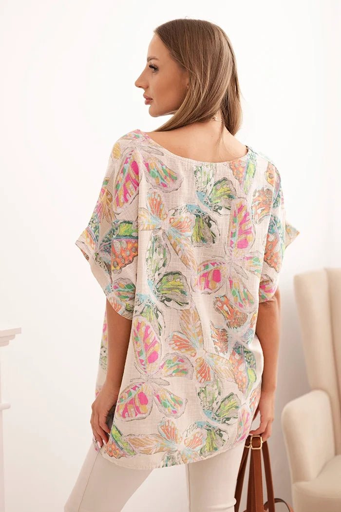 Women's cotton blouse with butterfly motif and short sleeves ART10739 - 2 / – Beige цвет / color | Lexline Fashion