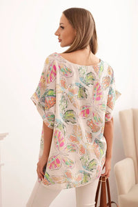 Women's cotton blouse with butterfly motif and short sleeves ART10739 - 2 / – Beige цвет / color | Lexline Fashion