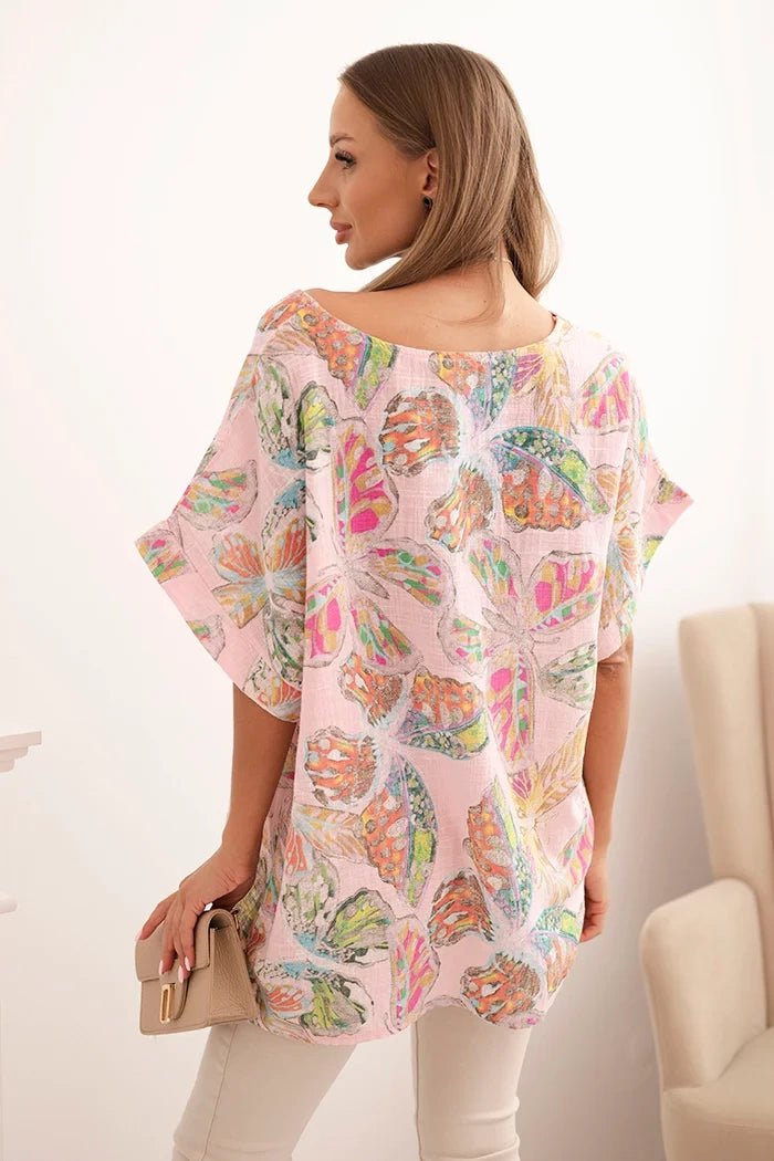 Women's cotton blouse with butterfly motif and short sleeves ART10739 - 2 / – Candy pink цвет / color | Lexline Fashion