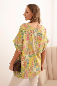 Women's cotton blouse with butterfly motif and short sleeves ART10739 - 2 / – Kiwi цвет / color | Lexline Fashion