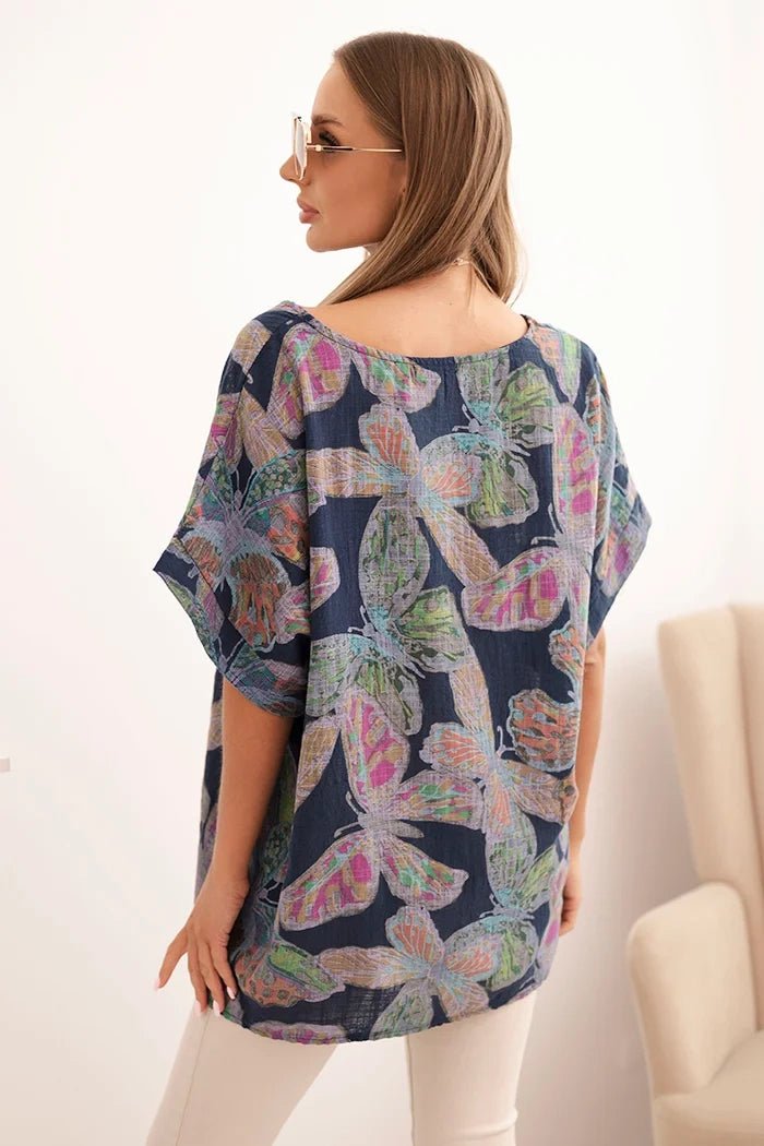 Women's cotton blouse with butterfly motif and short sleeves ART10739 - 2 / – Navy blue цвет / color | Lexline Fashion