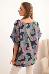 Women's cotton blouse with butterfly motif and short sleeves ART10739 - 2 / – Navy blue цвет / color | Lexline Fashion