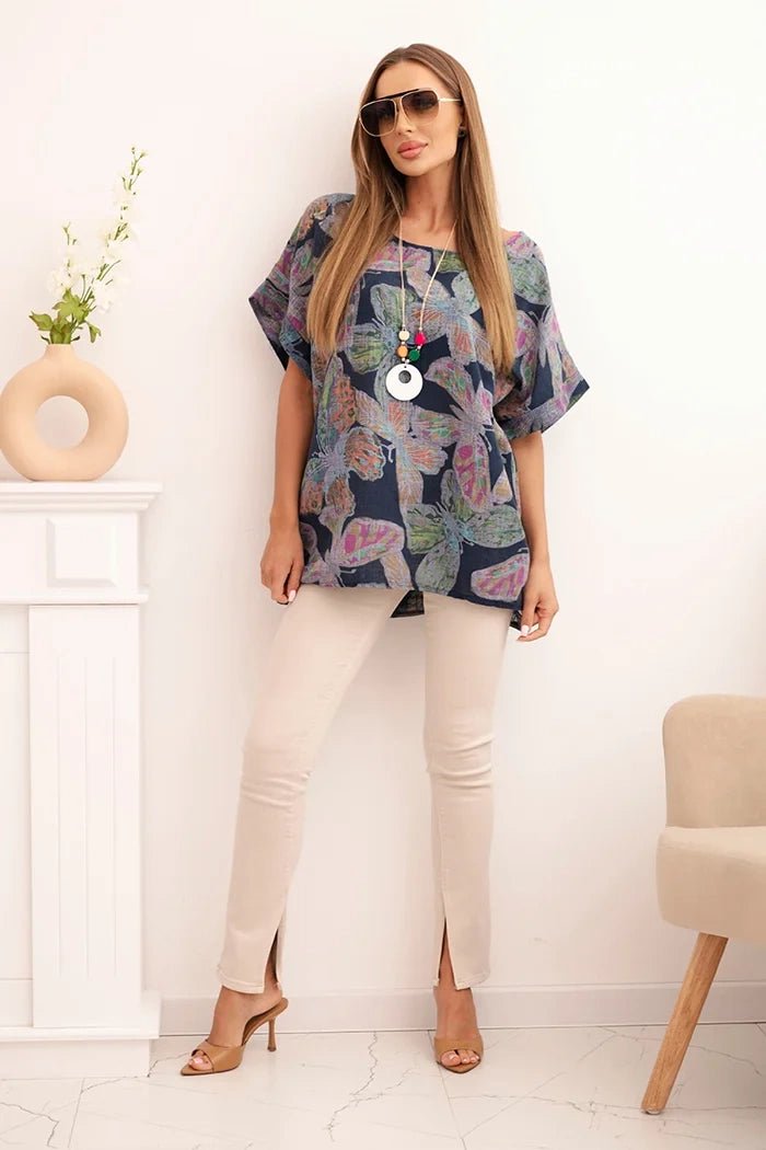 Women's cotton blouse with butterfly motif and short sleeves ART10739 - 2 / – Navy blue цвет / color | Lexline Fashion