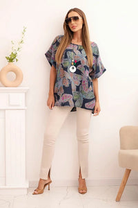 Women's cotton blouse with butterfly motif and short sleeves ART10739 - 2 / – Navy blue цвет / color | Lexline Fashion