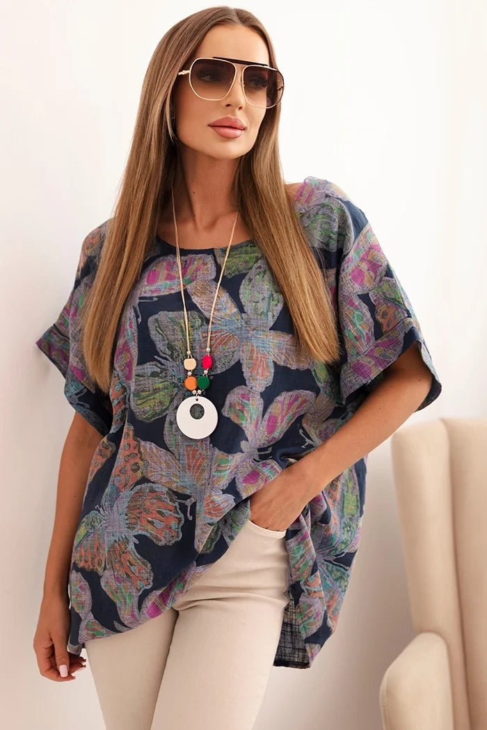 Women's cotton blouse with butterfly motif and short sleeves ART10739 - 2 / – Navy blue цвет / color | Lexline Fashion