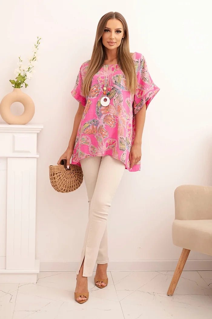 Women's cotton blouse with butterfly motif and short sleeves ART10739 - 2 / – Pink цвет / color | Lexline Fashion