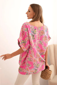 Women's cotton blouse with butterfly motif and short sleeves ART10739 - 2 / – Pink цвет / color | Lexline Fashion