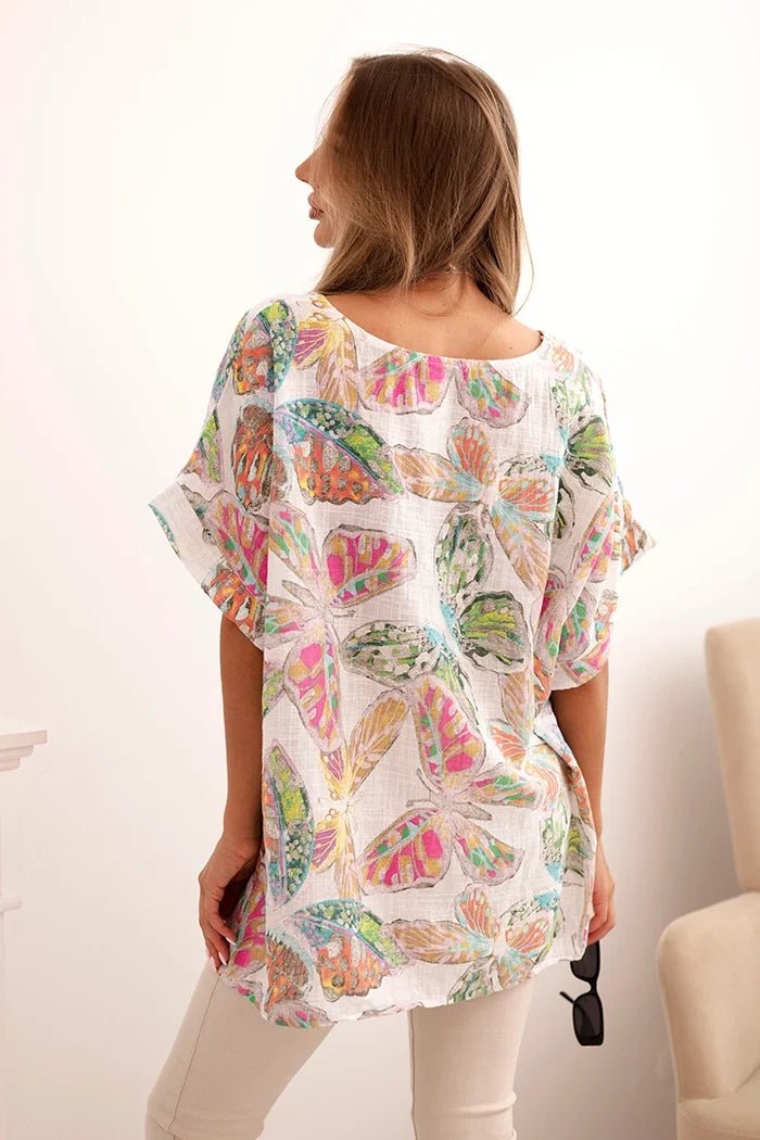 Women's cotton blouse with butterfly motif and short sleeves ART10739 - 2 / – White цвет / color | Lexline Fashion