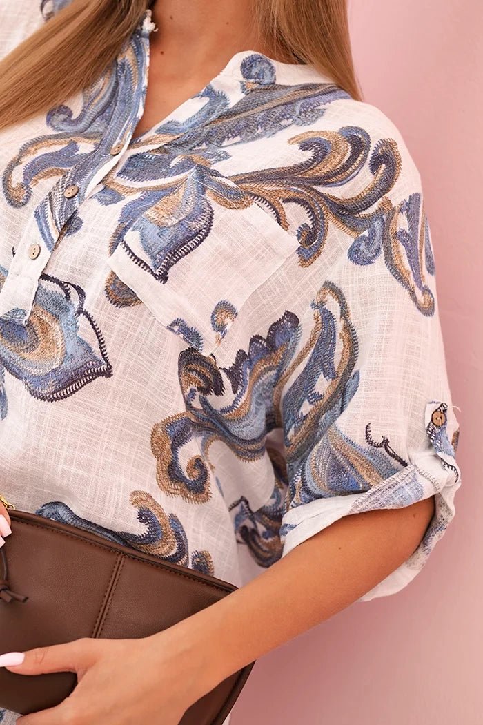 Women's cotton blouse with decorative print and rolled - up sleeves ART12038 - 1 / – Orange цвет / color | Lexline Fashion