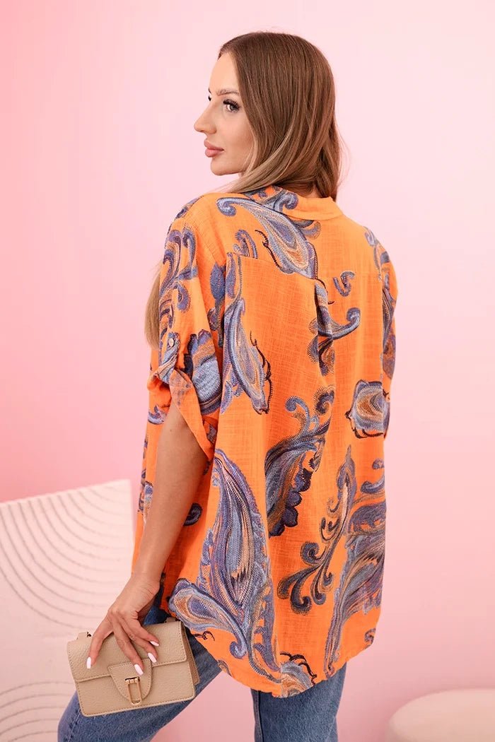 Women's cotton blouse with decorative print and rolled - up sleeves ART12038 - 1 / – Orange цвет / color | Lexline Fashion