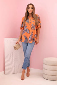 Women's cotton blouse with decorative print and rolled - up sleeves ART12038 - 1 / – Orange цвет / color | Lexline Fashion