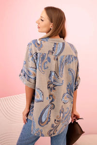 Women's cotton blouse with decorative print and rolled - up sleeves ART12038 - 1 / – Orange цвет / color | Lexline Fashion