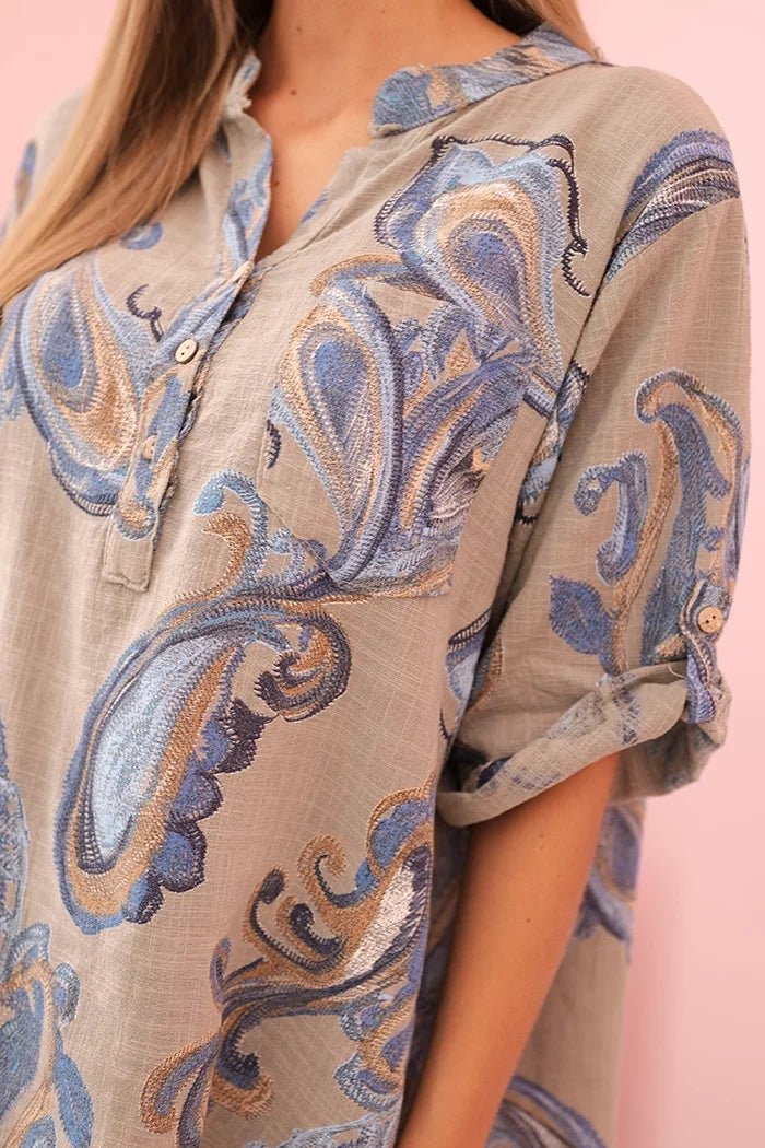 Women's cotton blouse with decorative print and rolled - up sleeves ART12038 - 1 / – Orange цвет / color | Lexline Fashion