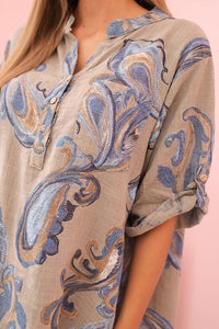 Women's cotton blouse with decorative print and rolled - up sleeves ART12038 - 1 / – Orange цвет / color | Lexline Fashion