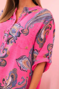 Women's cotton blouse with decorative print and rolled - up sleeves ART12038 - 1 / – Orange цвет / color | Lexline Fashion
