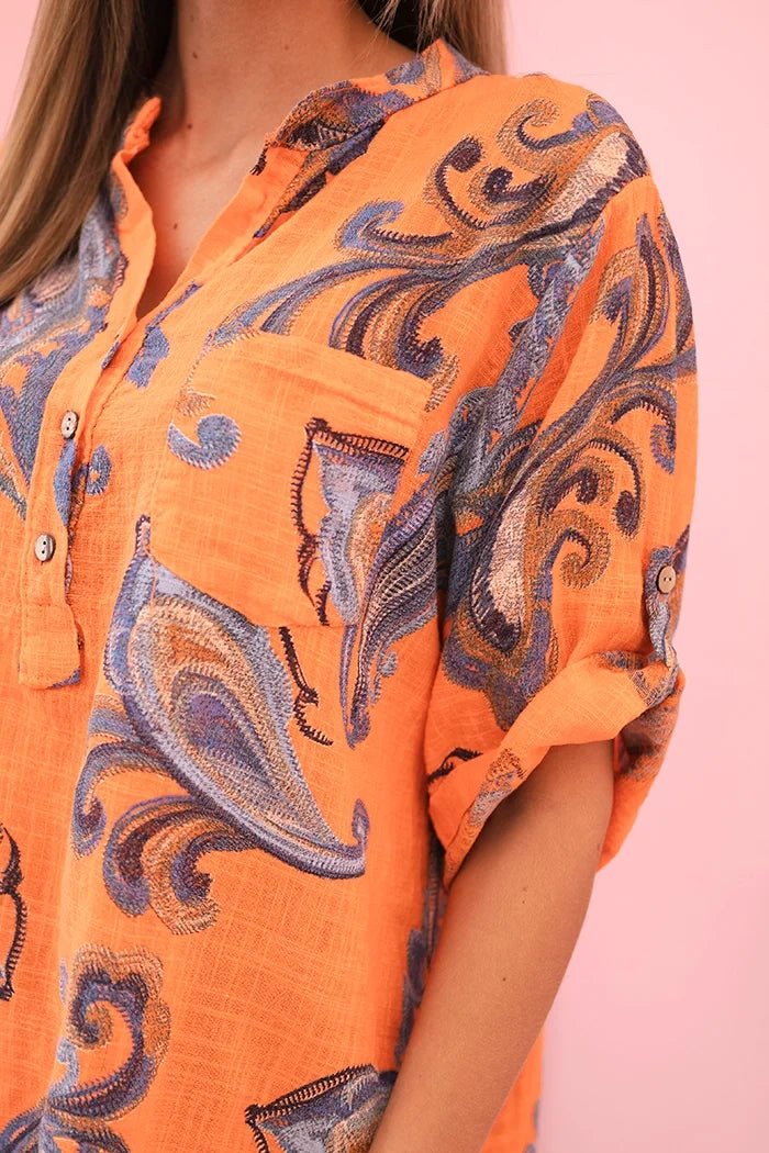 Women's cotton blouse with decorative print and rolled - up sleeves ART12038 - 1 / – Orange цвет / color | Lexline Fashion