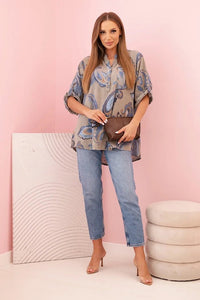 Women's cotton blouse with decorative print and rolled - up sleeves ART12038 - 1 / – Orange цвет / color | Lexline Fashion