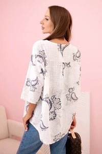 Women's cotton blouse with rolled - up sleeves and paisley pattern 25290 / – Turquoise цвет / color | Lexline Fashion