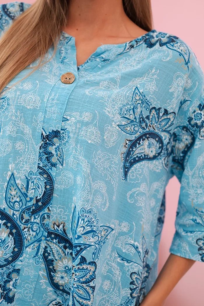 Women's cotton blouse with rolled - up sleeves and paisley pattern 25290 / – Turquoise цвет / color | Lexline Fashion