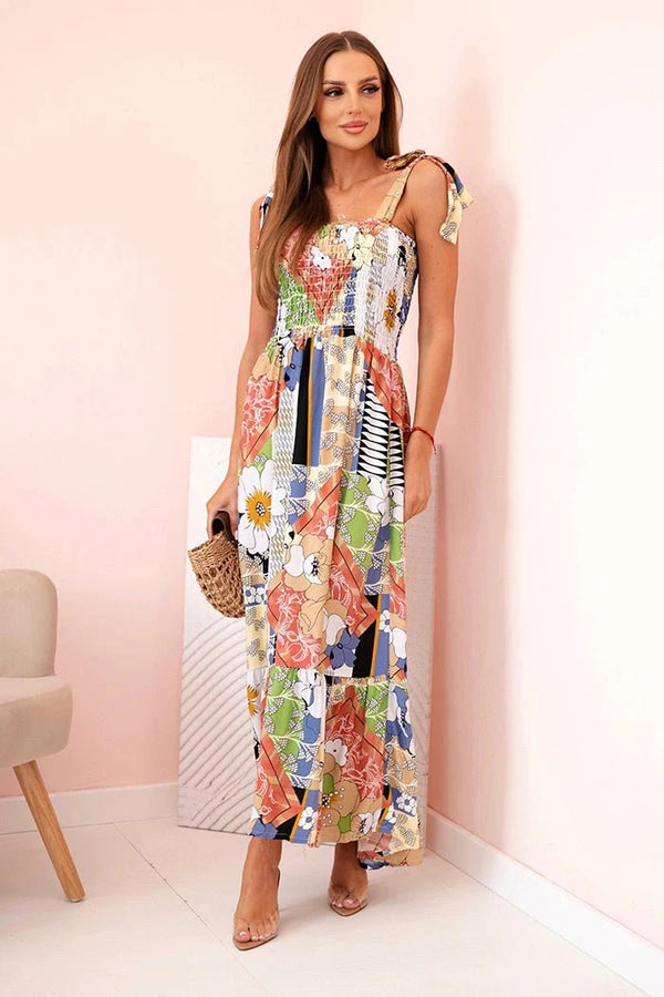 Women's cotton dress with gathering and floral pattern A525 / – Jeans цвет / color | Lexline Fashion