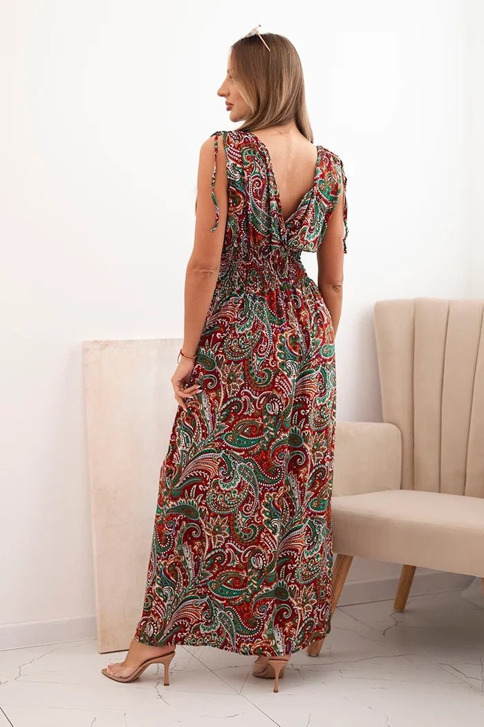 Women's cotton dress with tied straps and pattern F1025 / – Green цвет / color | Lexline Fashion