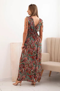 Women's cotton dress with tied straps and pattern F1025 / – Green цвет / color | Lexline Fashion