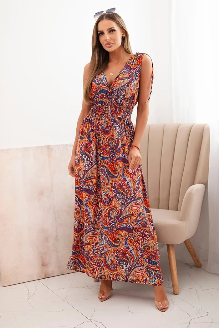 Women's cotton dress with tied straps and pattern F1025 / – Orange цвет / color | Lexline Fashion