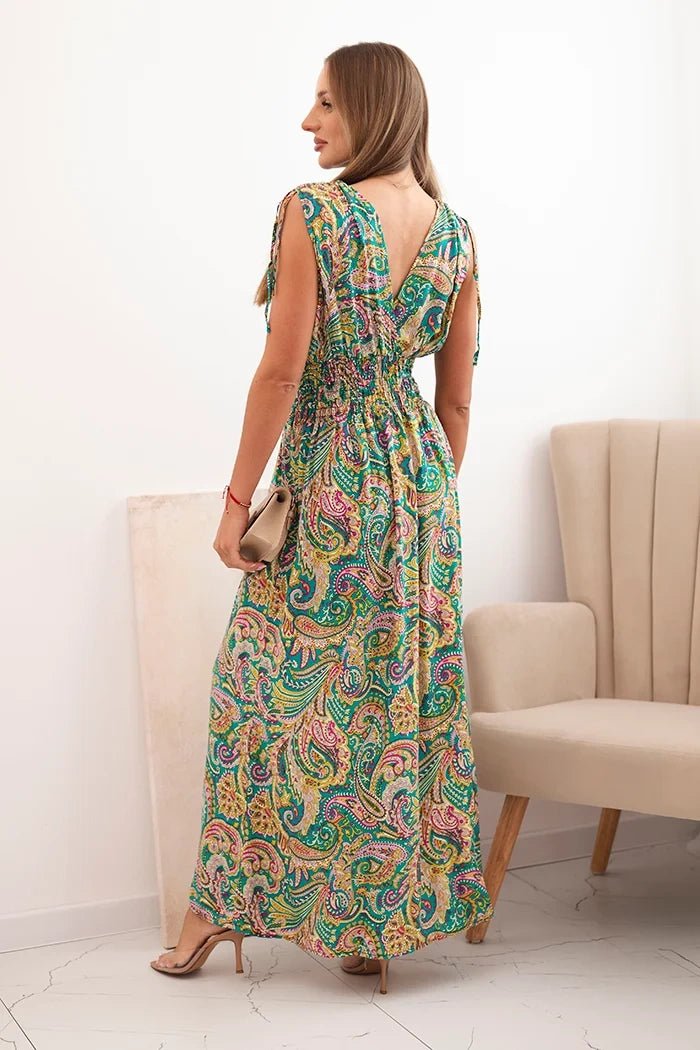 Women's cotton dress with tied straps and pattern F1025 / – Turquoise цвет / color | Lexline Fashion