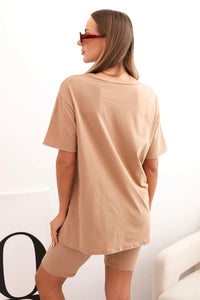 Women's cotton set with short sleeves and shorts ART5720 / – Camel цвет / color | Lexline Fashion