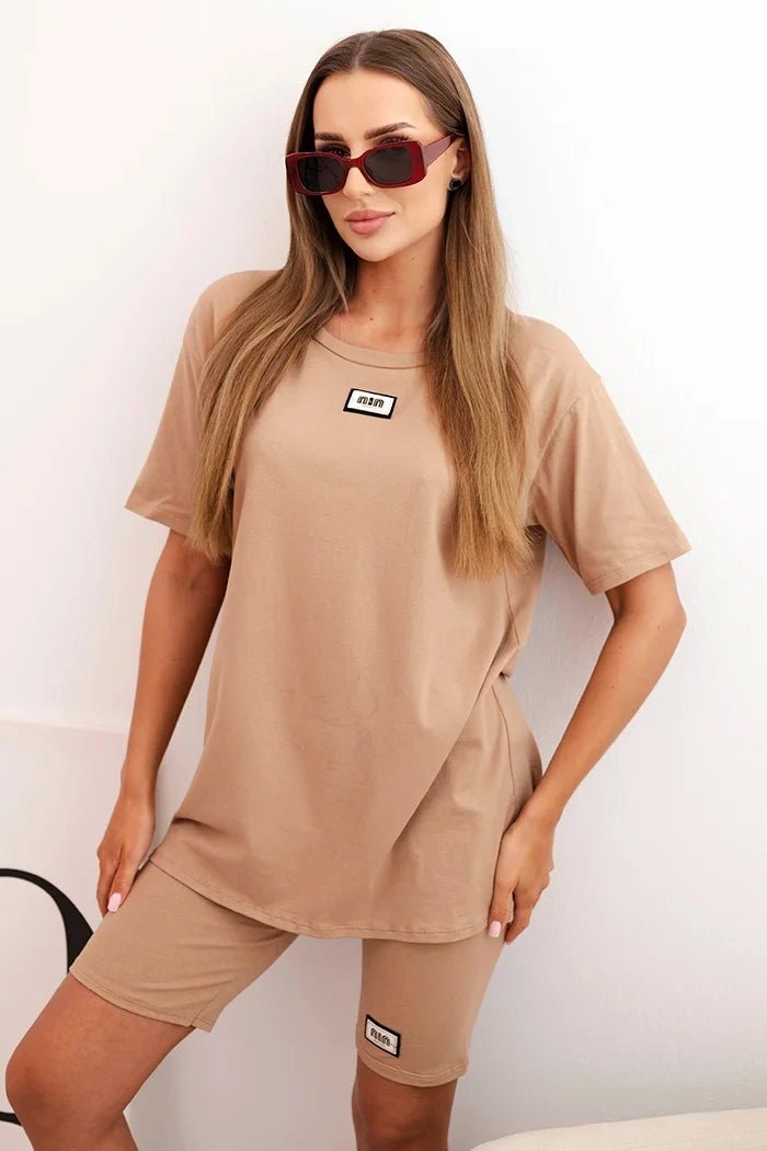 Women's cotton set with short sleeves and shorts ART5720 / – Camel цвет / color | Lexline Fashion