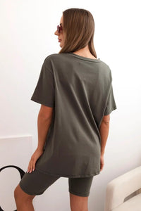 Women's cotton set with short sleeves and shorts ART5720 / – Khaki цвет / color | Lexline Fashion