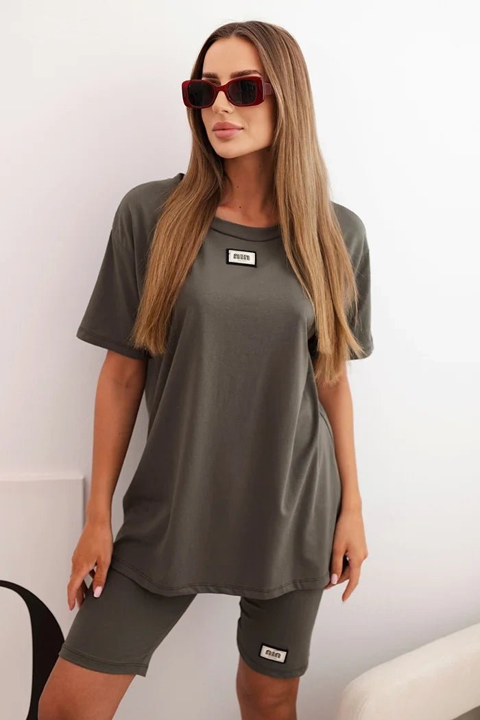 Women's cotton set with short sleeves and shorts ART5720 / – Khaki цвет / color | Lexline Fashion