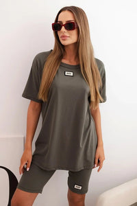 Women's cotton set with short sleeves and shorts ART5720 / – Khaki цвет / color | Lexline Fashion
