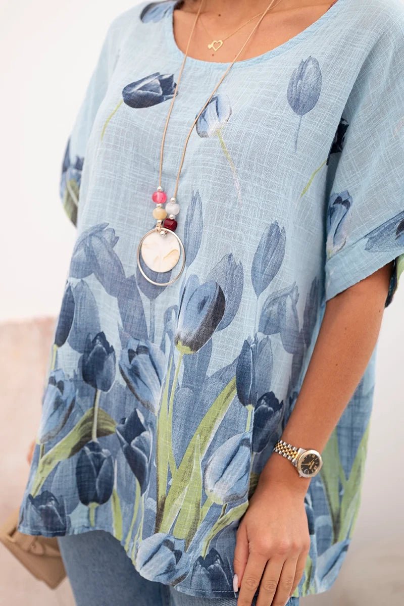 Women's cotton shirt with a floral pattern ART10739 / – Blue цвет / color | Lexline Fashion