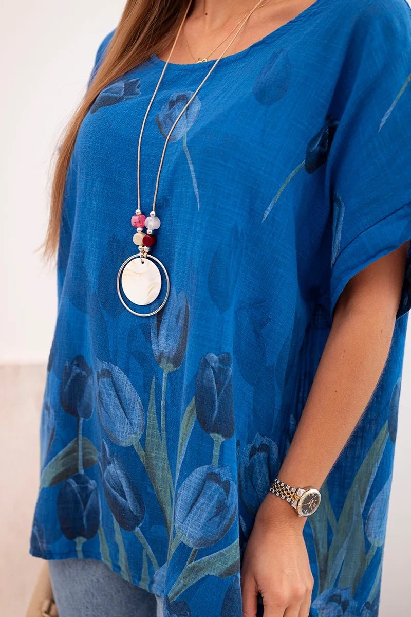 Women's cotton shirt with a floral pattern ART10739 / – Blue cornflower цвет / color | Lexline Fashion