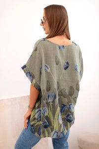 Women's cotton shirt with a floral pattern ART10739 / – Khaki цвет / color | Lexline Fashion