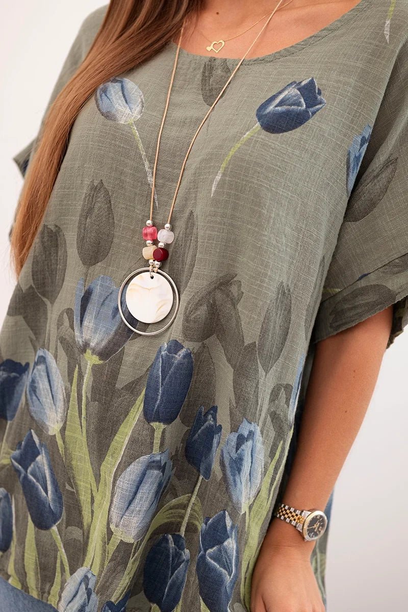 Women's cotton shirt with a floral pattern ART10739 / – Khaki цвет / color | Lexline Fashion