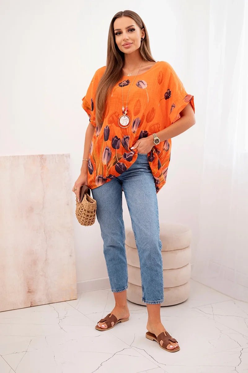 Women's cotton shirt with a floral pattern ART10739 / – Orange цвет / color | Lexline Fashion