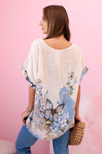Women's cotton shirt with butterflies and flowers ART10739 - 1 / – Beige цвет / color | Lexline Fashion