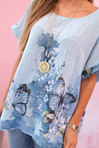 Women's cotton shirt with butterflies and flowers ART10739 - 1 / – Blue цвет / color | Lexline Fashion