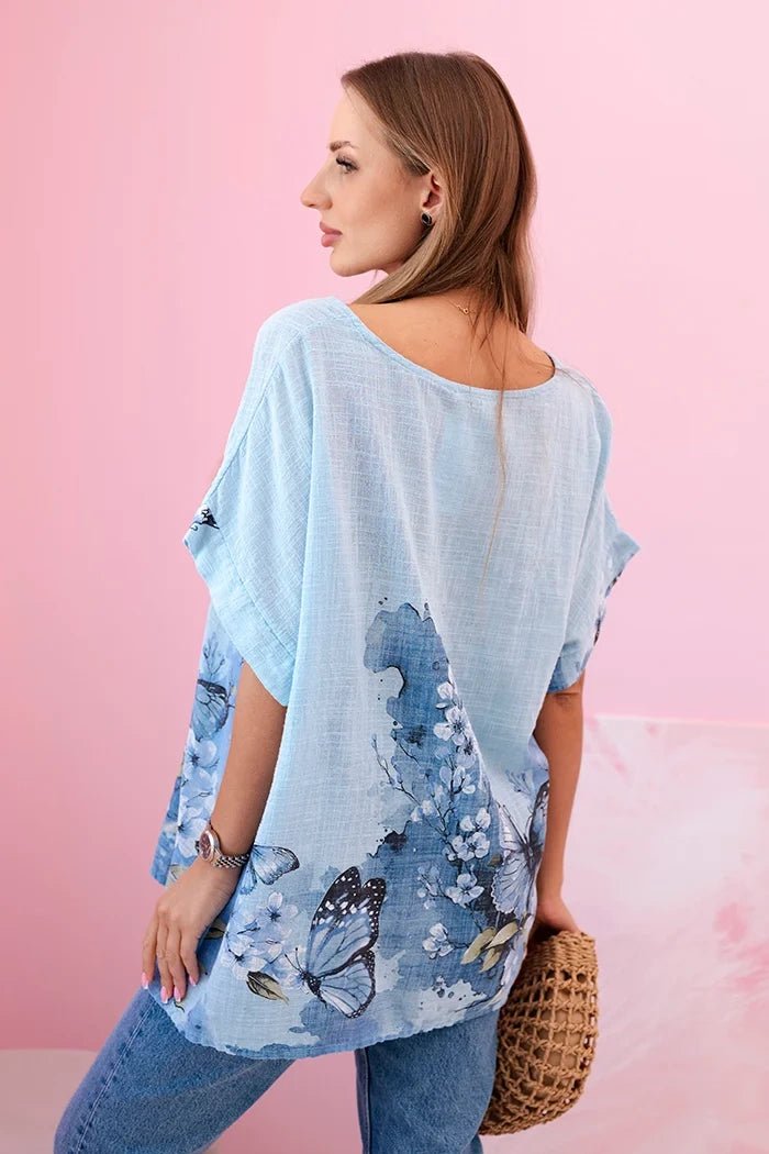 Women's cotton shirt with butterflies and flowers ART10739 - 1 / – Blue цвет / color | Lexline Fashion