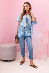 Women's cotton shirt with butterflies and flowers ART10739 - 1 / – Blue цвет / color | Lexline Fashion