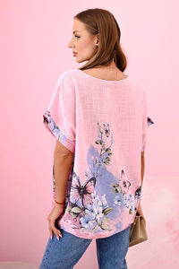 Women's cotton shirt with butterflies and flowers ART10739 - 1 / – Candy pink цвет / color | Lexline Fashion