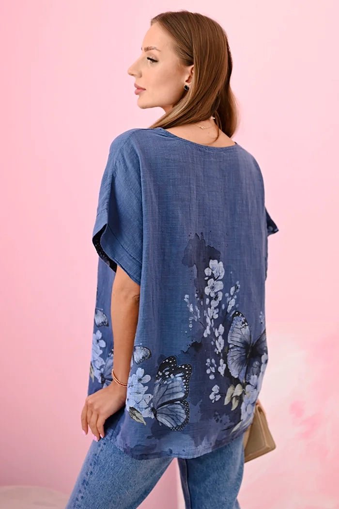 Women's cotton shirt with butterflies and flowers ART10739 - 1 / – Jeans цвет / color | Lexline Fashion
