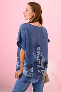 Women's cotton shirt with butterflies and flowers ART10739 - 1 / – Jeans цвет / color | Lexline Fashion