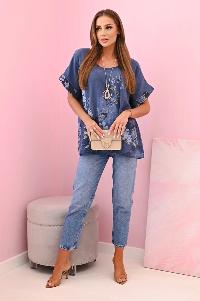 Women's cotton shirt with butterflies and flowers ART10739 - 1 / – Jeans цвет / color | Lexline Fashion