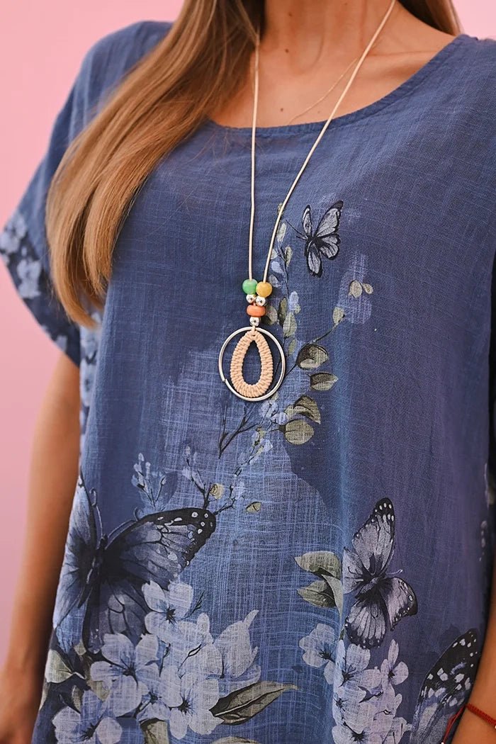 Women's cotton shirt with butterflies and flowers ART10739 - 1 / – Jeans цвет / color | Lexline Fashion