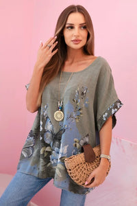 Women's cotton shirt with butterflies and flowers ART10739 - 1 / – Khaki цвет / color | Lexline Fashion