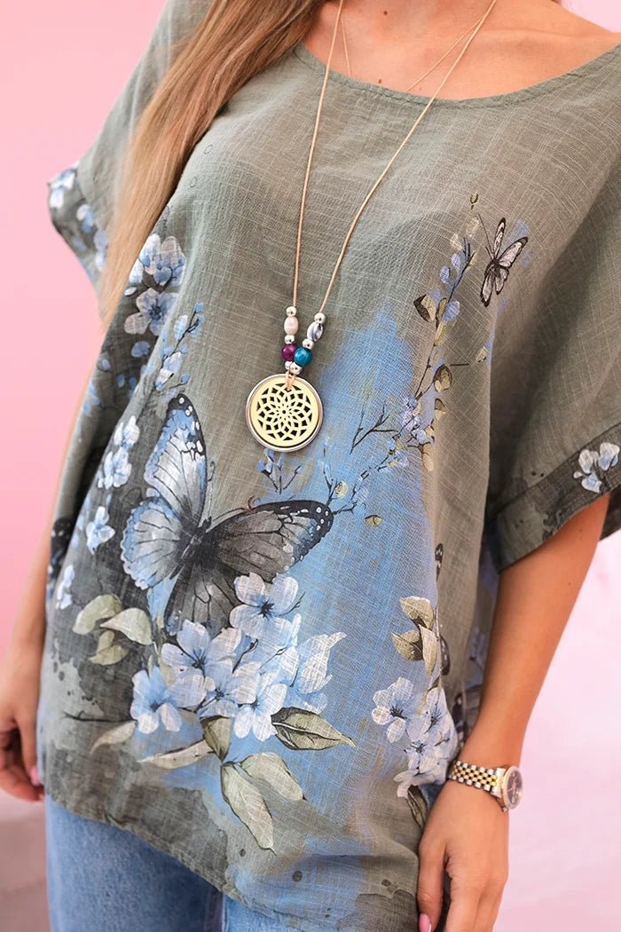 Women's cotton shirt with butterflies and flowers ART10739 - 1 / – Khaki цвет / color | Lexline Fashion